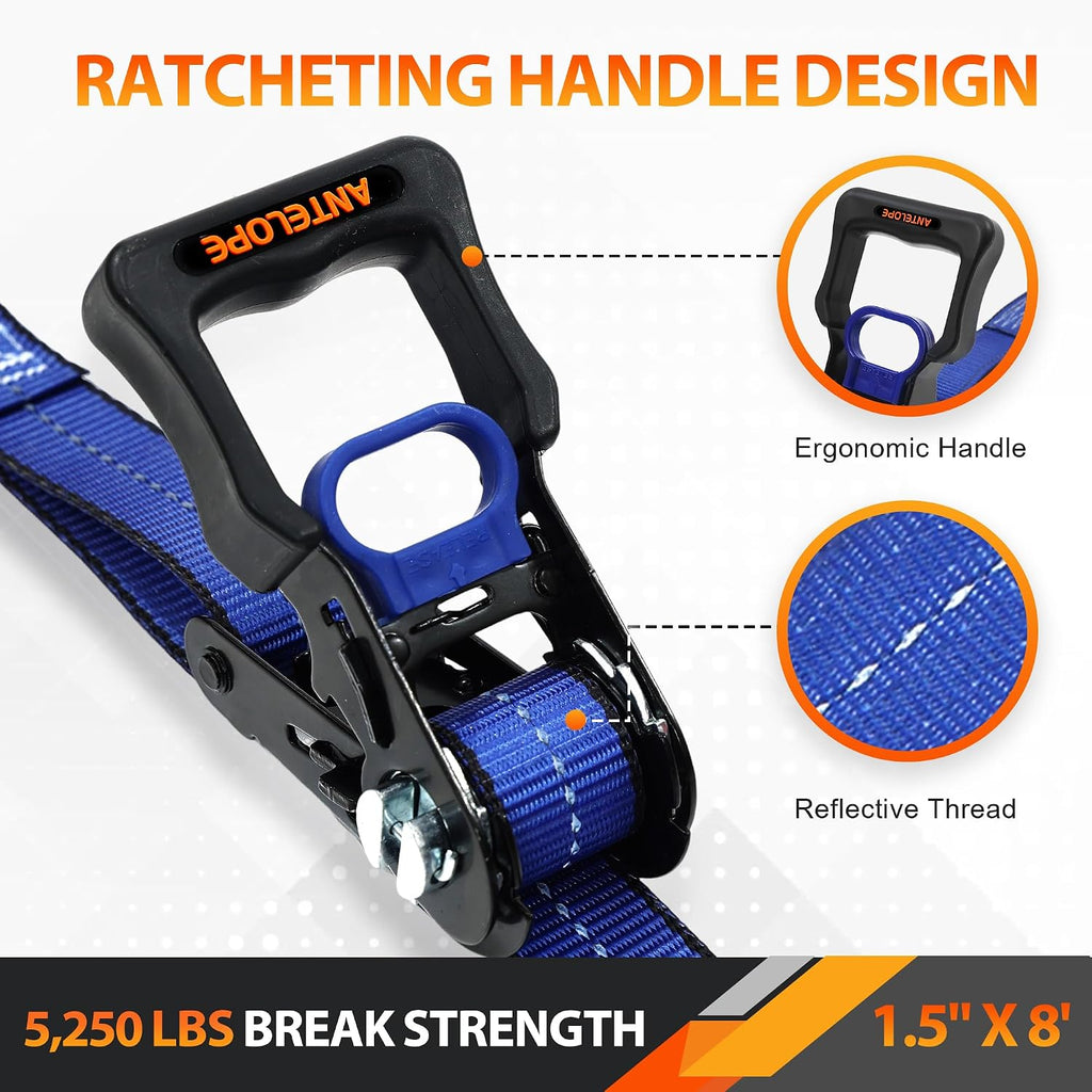4 Pack 1.5" x 8' Ratchet Tie Down Straps with S Hooks, Blue | 5250 LBS Breaking Strength Heavy Duty Ratchet Straps