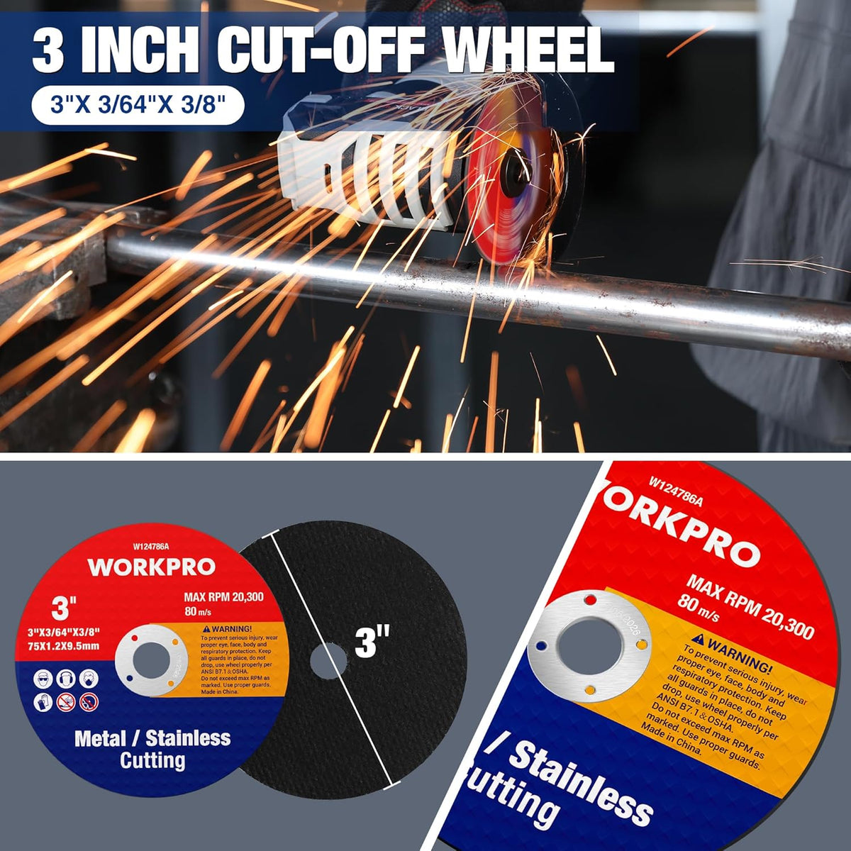 WORKPRO 20-Pack 3" x 3/8" Cut-Off Wheels