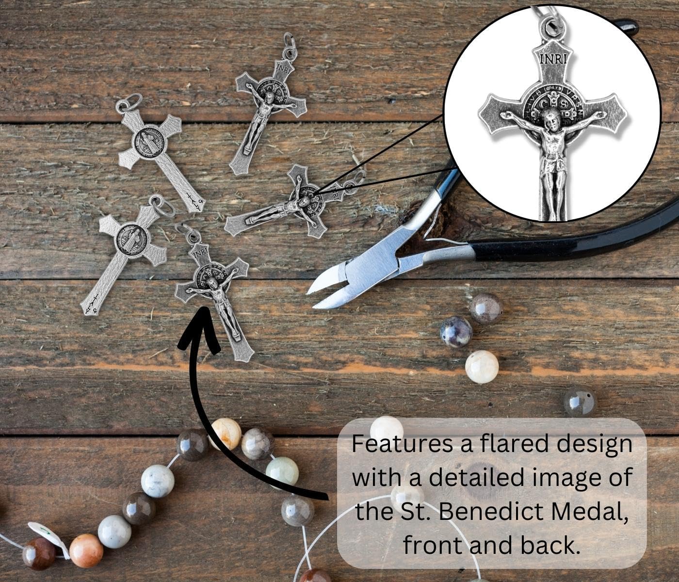 Pack of 100 - St Benedict Crucifix for Rosary Making (1.5 Inch) Silver Oxidized Crosses for Bulk Catholic Necklaces