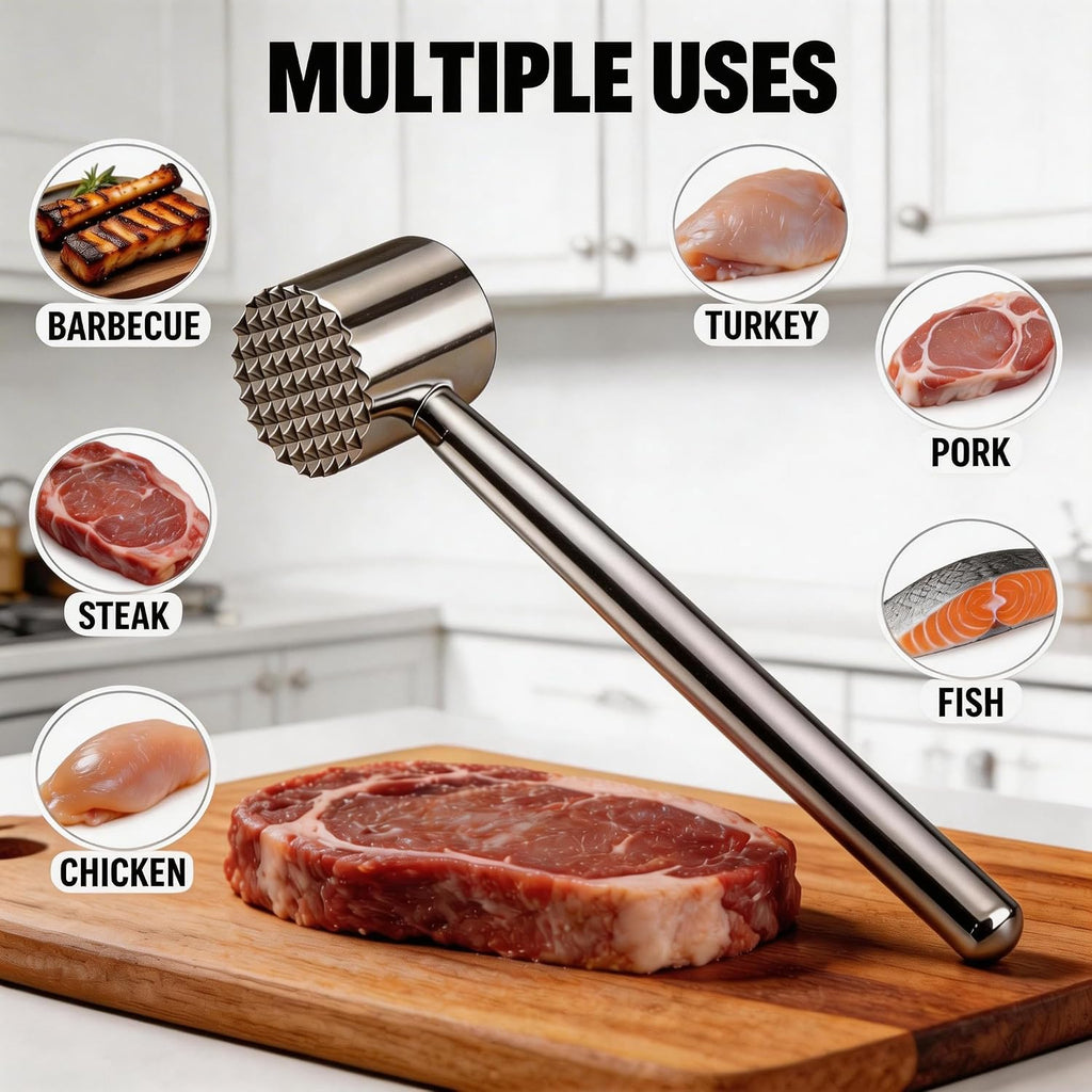 Stainless Steel Meat Tenderizer 18/8 Food Grade Kitchen Mallet Steak Pounder Flatterner for Beef and Poultry