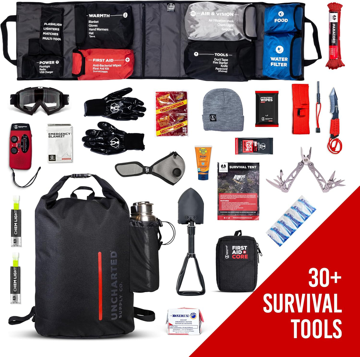 Emergency Survival Kit – Seventy2 Core by Uncharted Supply Co, Waterproof Backpack Bug-Out Bag with First Aid, Tools