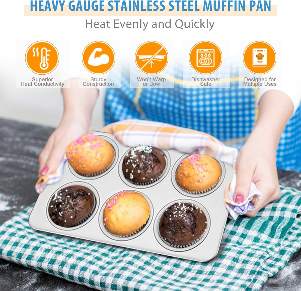 Stainless Steel Muffin Pan Set of 2, 6-Cup Cupcake Tin for Baking