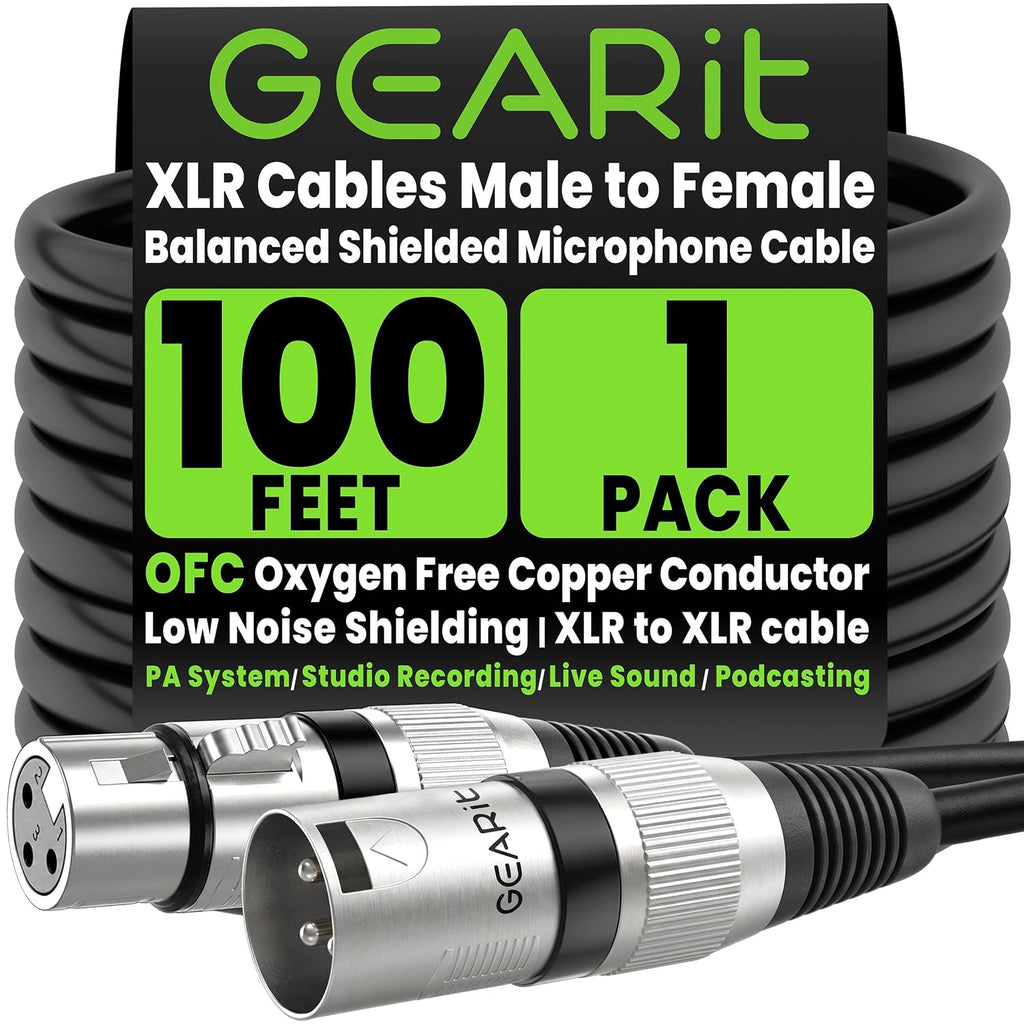 XLR Cables 100ft OFC, Microphone Cable XLR Male to Female, XLR Cable Low Noise Shielding, Copper Conductors for
