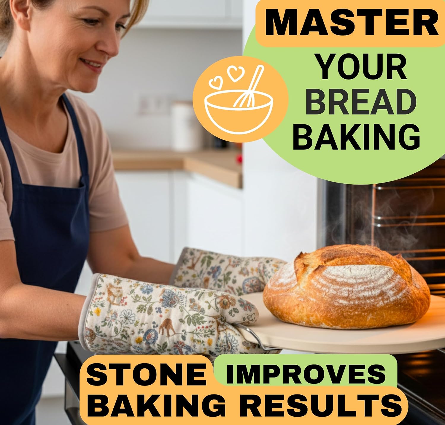 16 inch Baking Stone For Oven - Round Pizza Stone with Handles and Dough Tool - Baking Stone for Bread - Pizza Stones