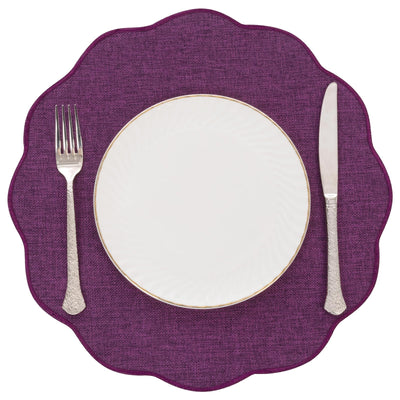 Scalloped Round Placemats Set of 6 Polyester Linen Blend 15 inch Washable Non Slip Place Mats Easy Clean Heat