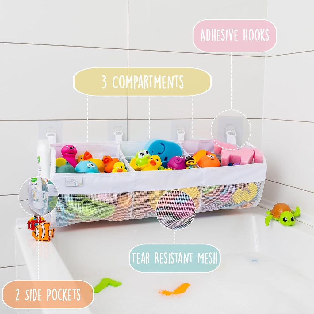 Large Bath Toy Organizer – 3 Compartment Bath Toy Holder for Bathtub & Shower – Quick-Dry Mesh with 4 Strong Adhesive