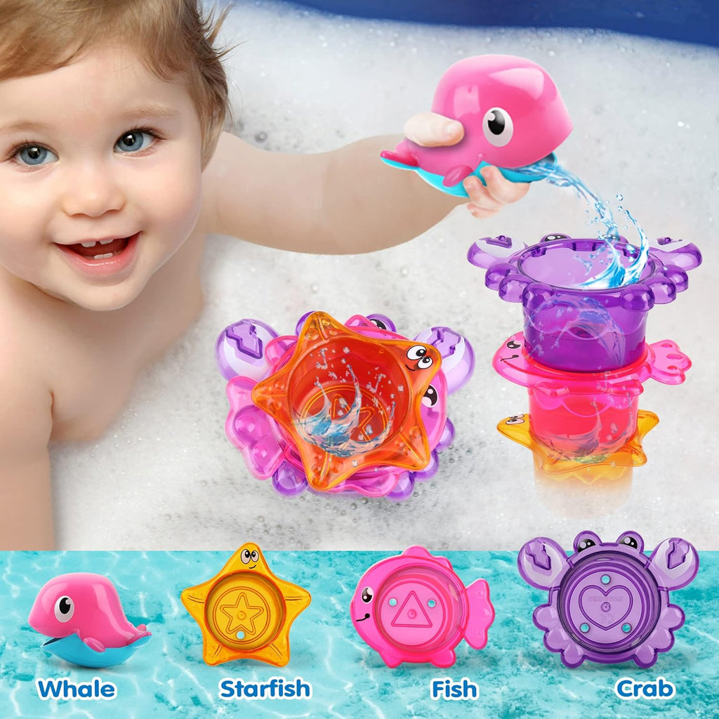 Bath Toy for Toddlers ,Bathtub Toy with Floating Mold Free Swimming Toys and Stacking Cups,Magnetic Fishing Game for