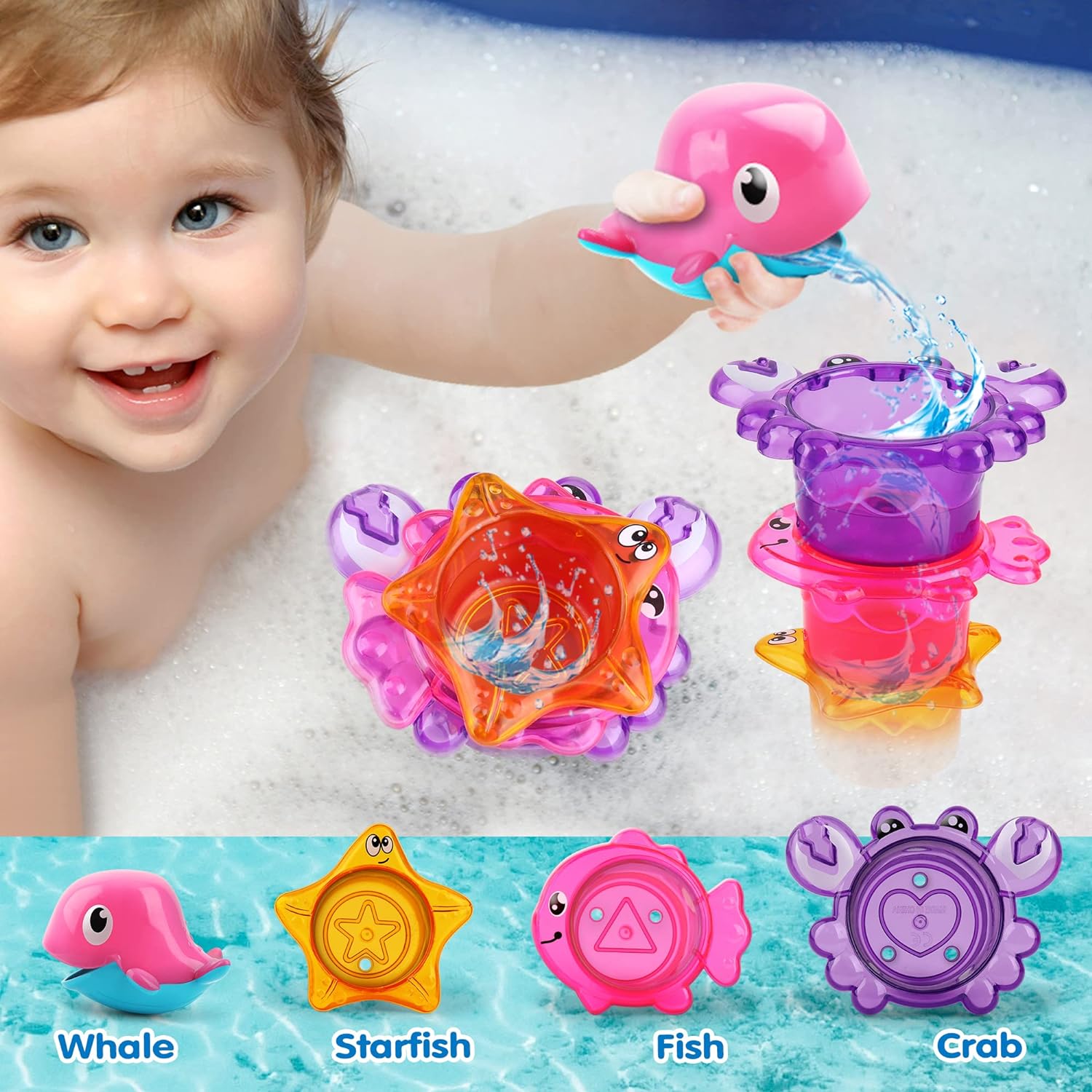 Bath Toy for Toddlers ,Bathtub Toy with Floating Mold Free Swimming Toys and Stacking Cups,Magnetic Fishing Game for