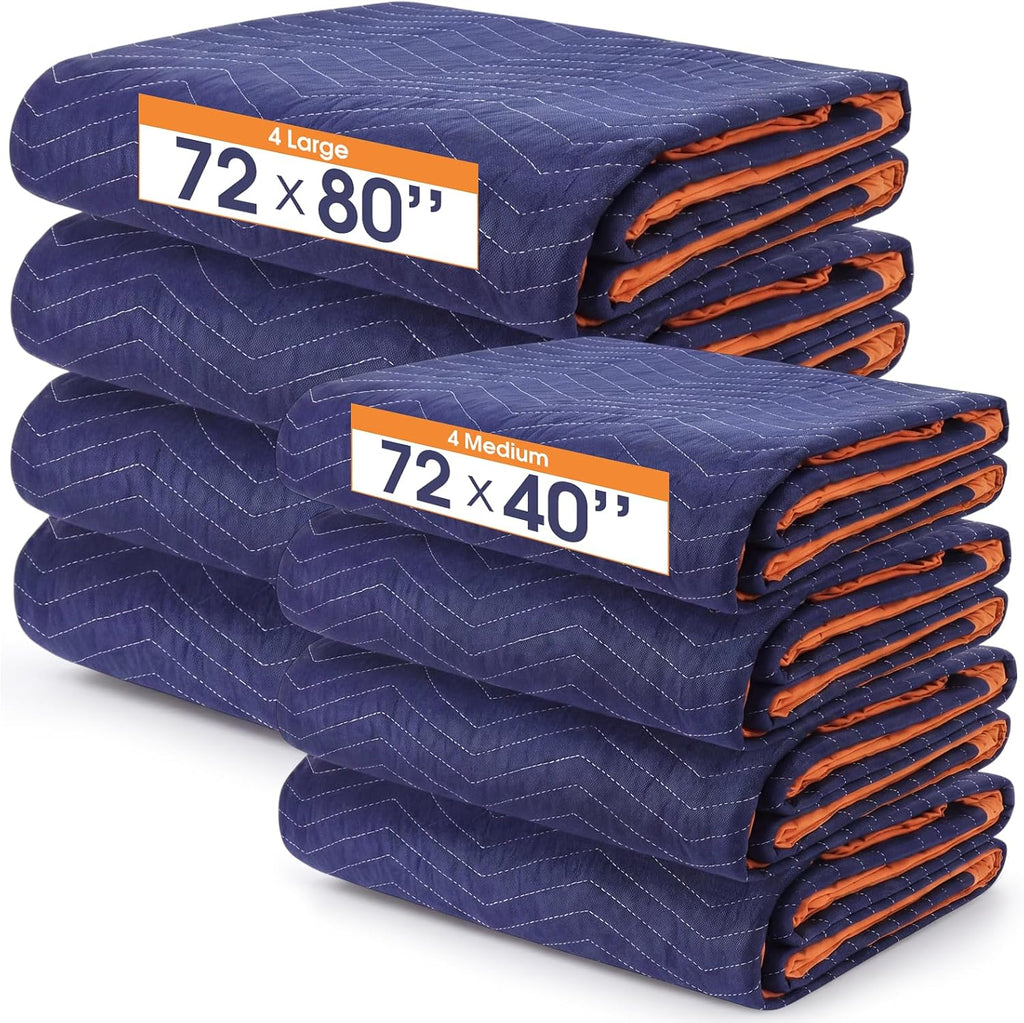 8 Pack Dual Size Heavy Duty Moving Blankets, Quilted Furniture Shipping Pads - 4 Medium(72"x40") + 4 Large (72"x80")