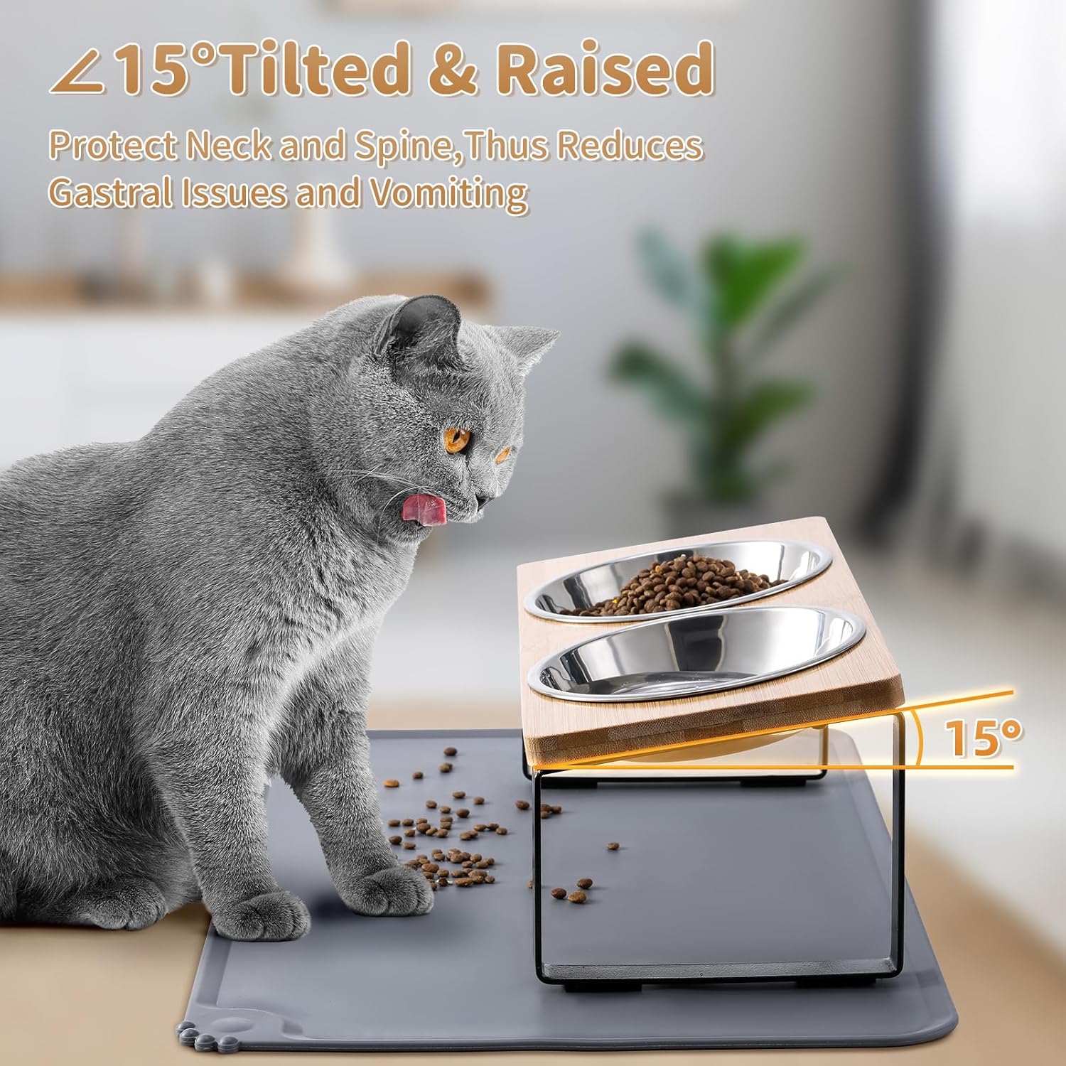 Upgraded Elevated Cat Bowls with Food Mat,15°Tilted Stand Anti Vomiting Raised Cat Dishes for Food and Water,2