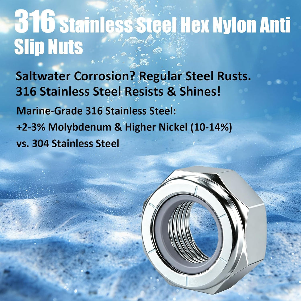 1/2-13 Nylon Insert Lock Nuts 316 Stainless Steel Coarse Thread (10 Pack)