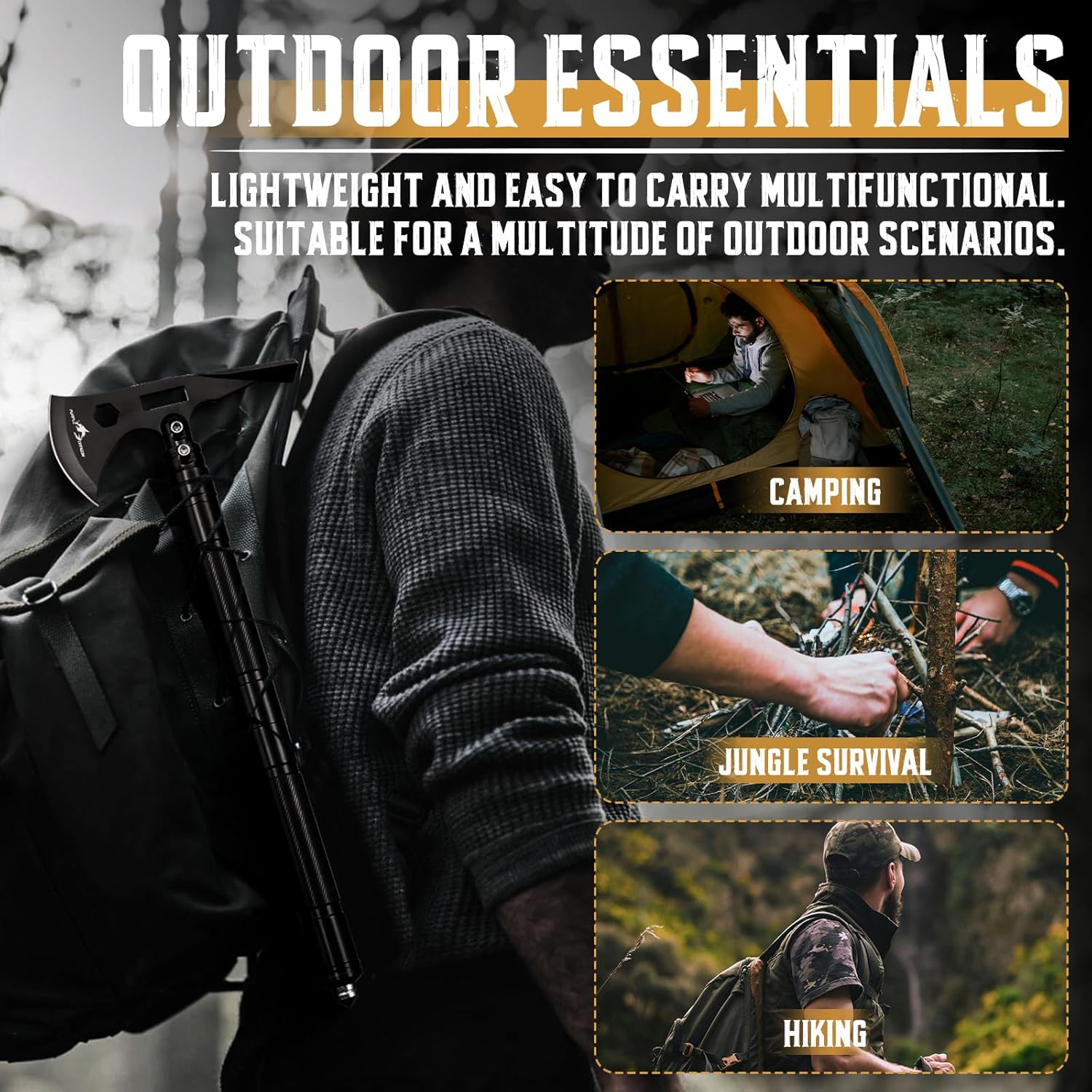Multi-Tool Tactical Hatchet Survival Axe with Hoe | 9-in-1 Tomahawk, Camping Axe Set for Bushcraft Backpacking &