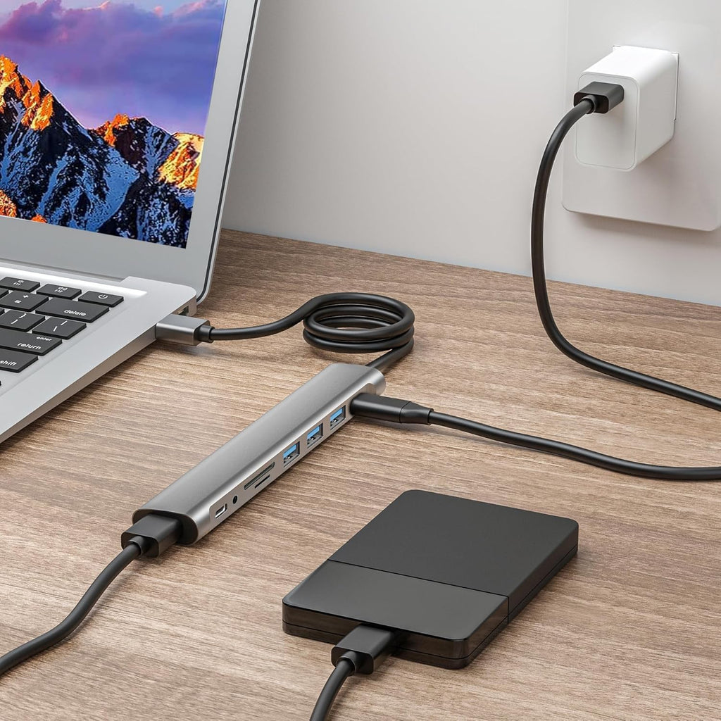 USB Hub Long Cable, 9 Ports USB 3.0 Adapter with 4 USB 3.0 Data Ports,SD/TF Card Slot,3.5mm Jack,USB-C Data,USB