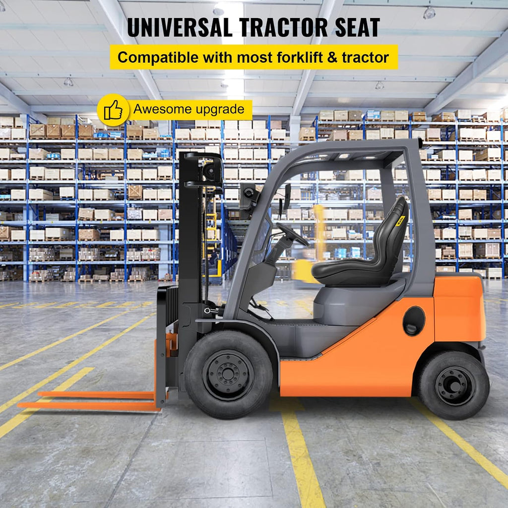 Universal Lawn Tractor Seat Replacement, Compact High Back Mower Seat, Black Vinyl Forklift Seat, Central Drain Hole