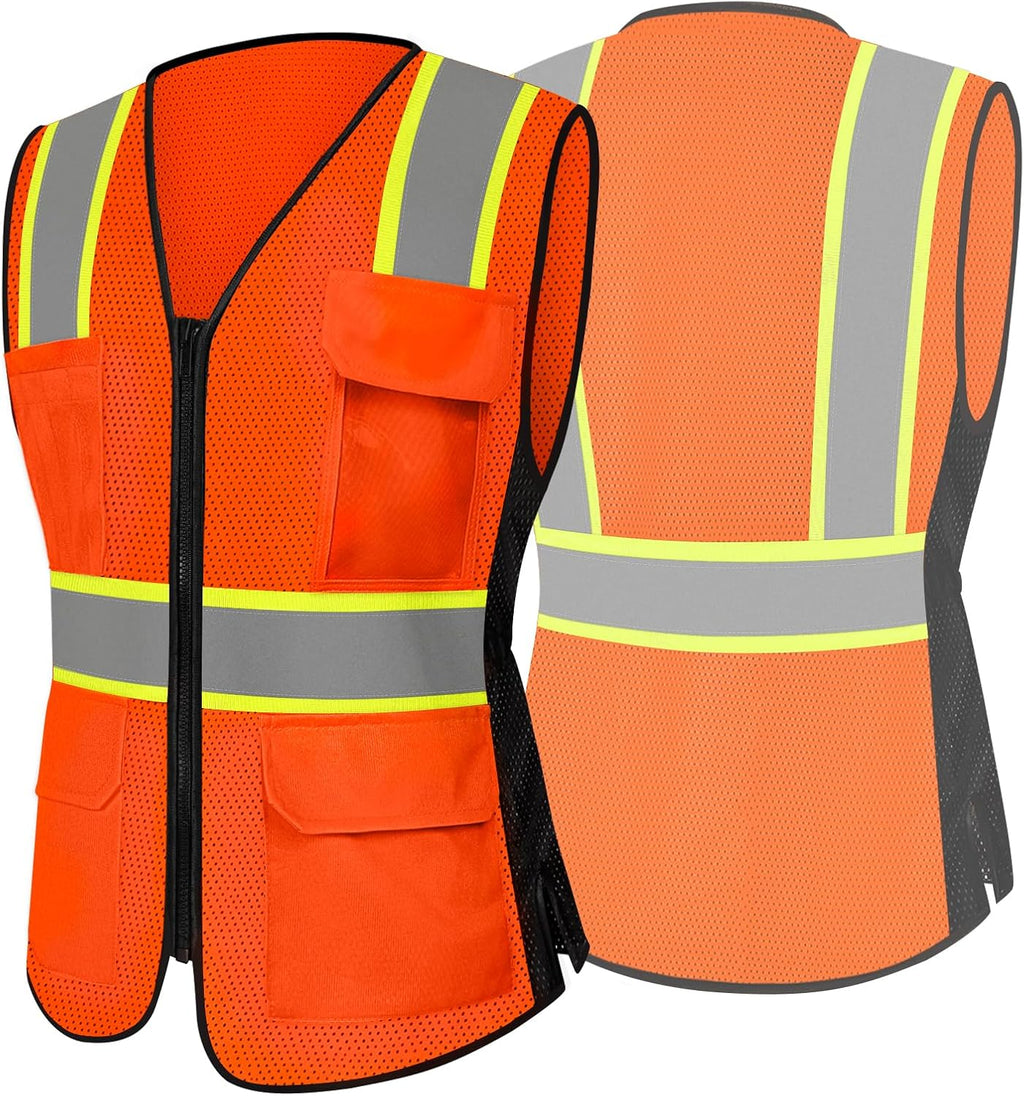 9 Pockets High Visibility Reflective Safety Vest for Women, Full Zip Class 2 Mesh Work Vest for Warehouse