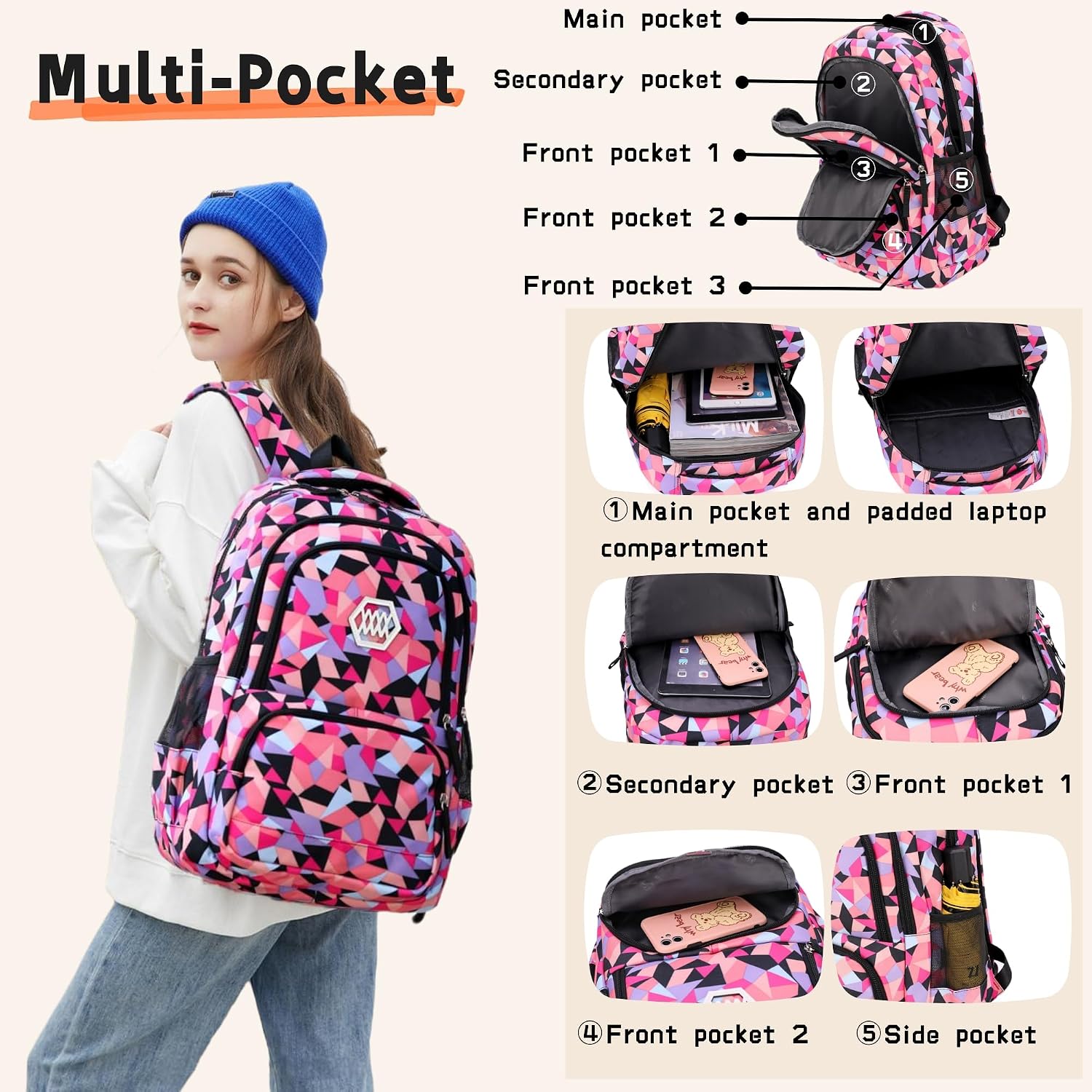 Geometric Print Kids Backpack for Girls Boys School Bag Bookbags | Multi-Pocket Girls Backpack for Primary Middle