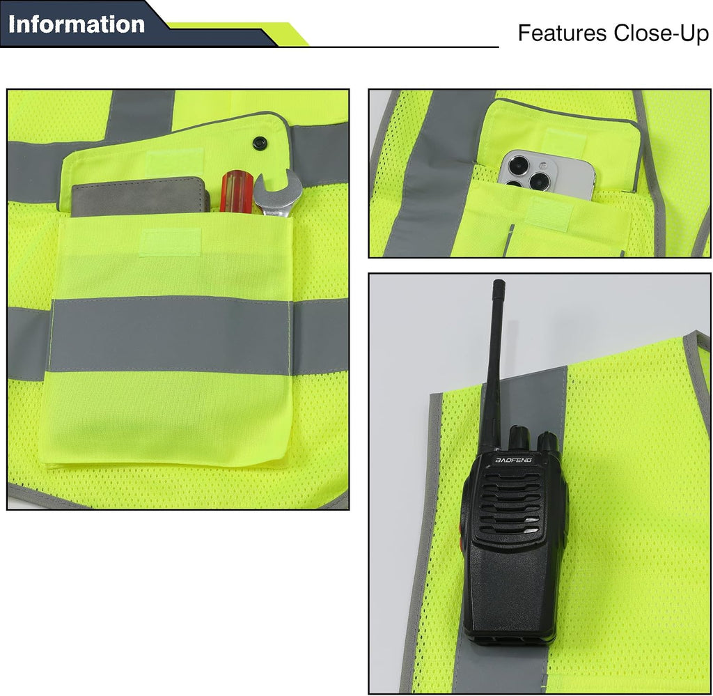 High Visibility Reflective Safety Vest | ANSI Class 2 Hi Vis Construction Work Vest with Multi Pockets, Breathable
