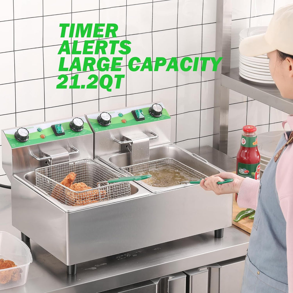 20L/21.2QT Commercial Deep Fryer with Timer Dual Tank Electric Countertop Fryer with Double Baskets and Lids, Temp