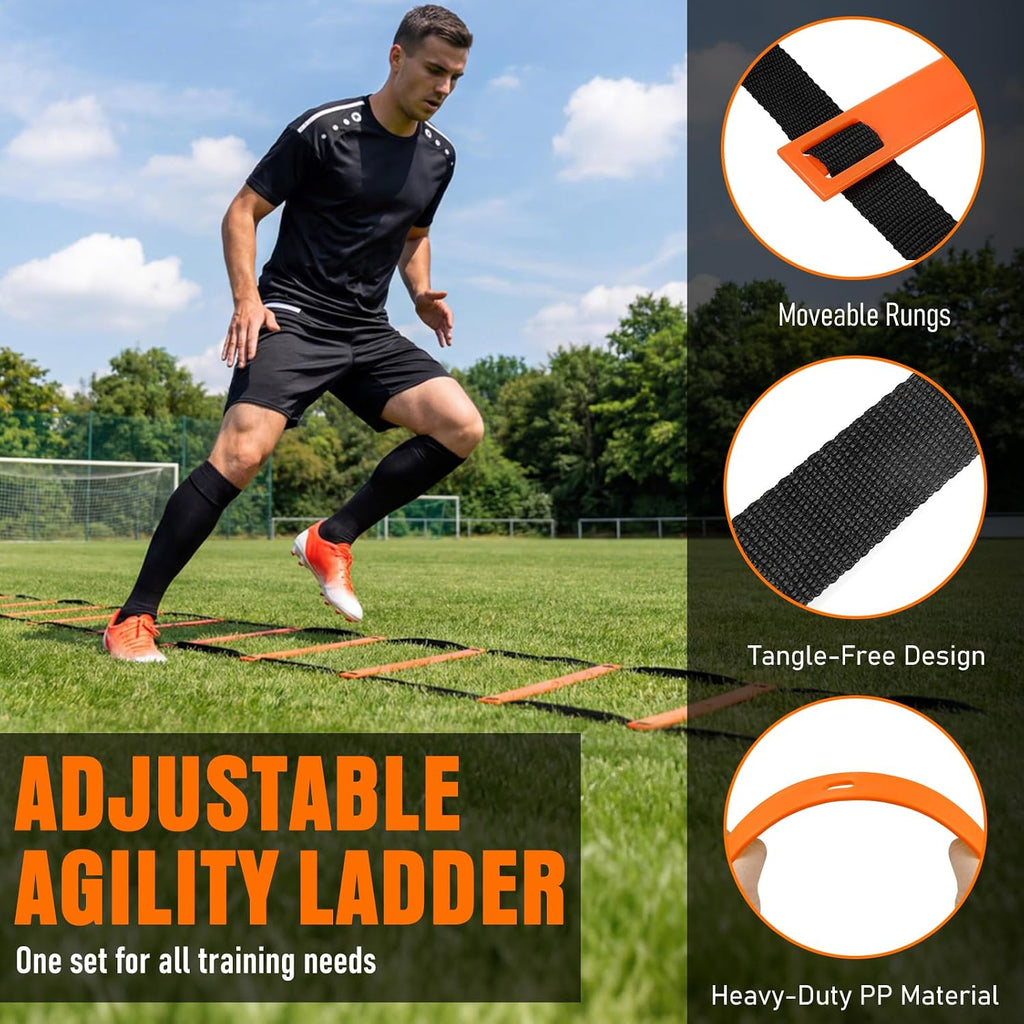 Agility Ladder, Soccer Football Training Equipment Set - 20ft Speed Ladder, 4 Hurdles,Parachute, 12 Cones & Jump Rope