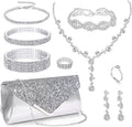 10 Pcs Silvery Rhinestone Jewelry Set for Women Bride Wedding Prom Jewelry Evening Rhinestone Sparkly Clutch Purse Bag