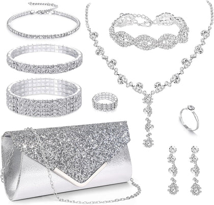 10 Pcs Silvery Rhinestone Jewelry Set for Women Bride Wedding Prom Jewelry Evening Rhinestone Sparkly Clutch Purse Bag