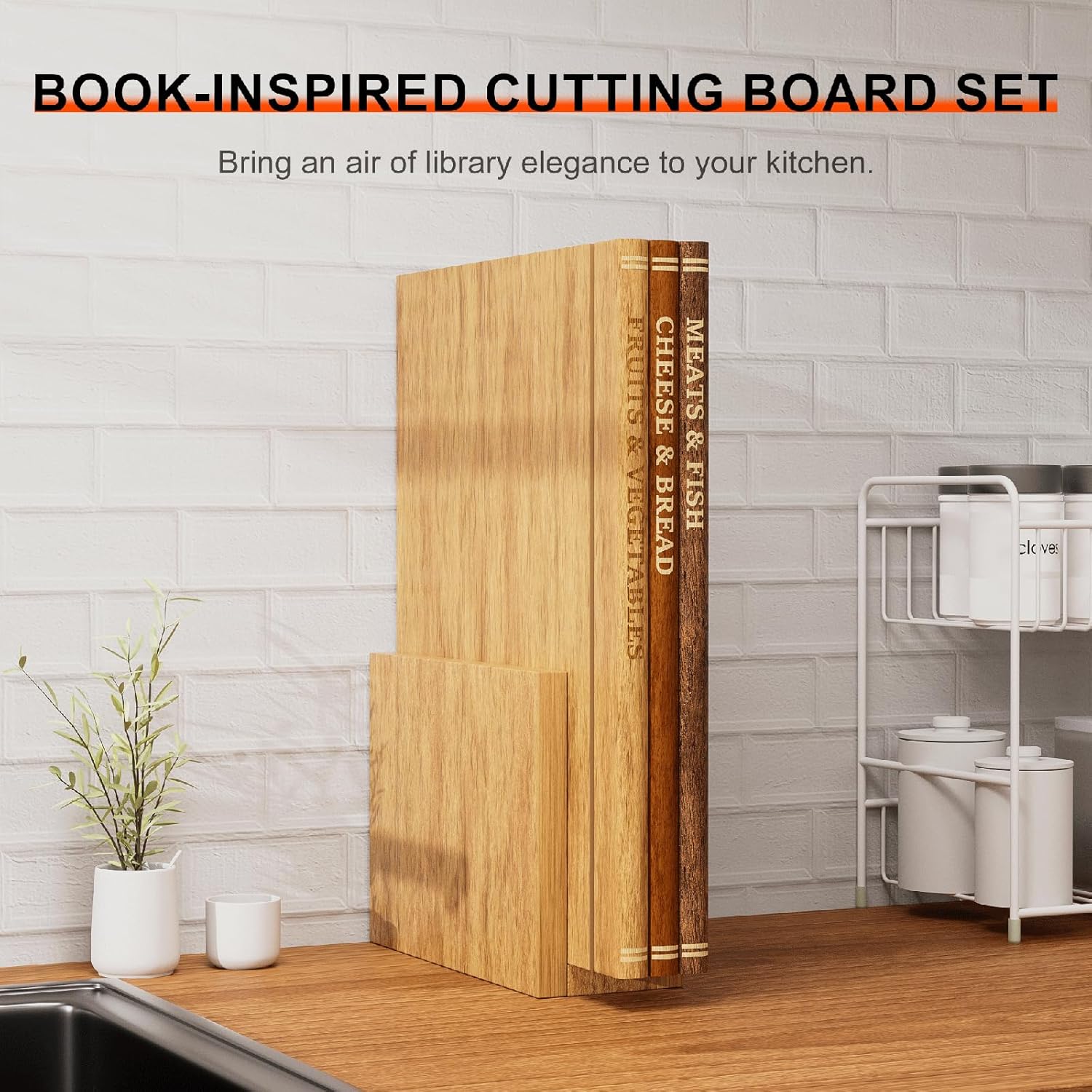 Book Cutting Board Set with Stand, 3-Piece Acacia Wood Boards That Look Like Books, Labeled Wooden Chopping Boards