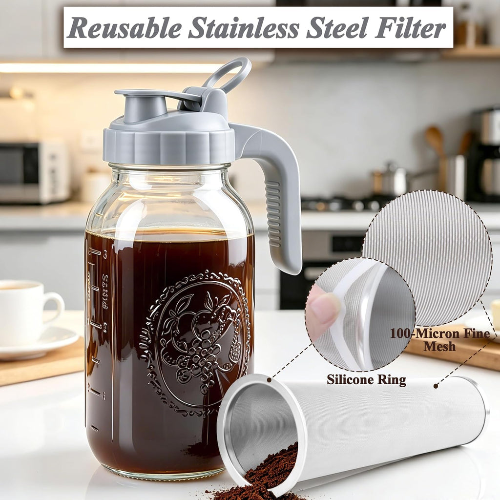Cold Brew Coffee Maker 64oz Glass Mason Jar Pitcher with Pour Spout Lid | Airtight & Leak-Proof Glass Iced Coffee