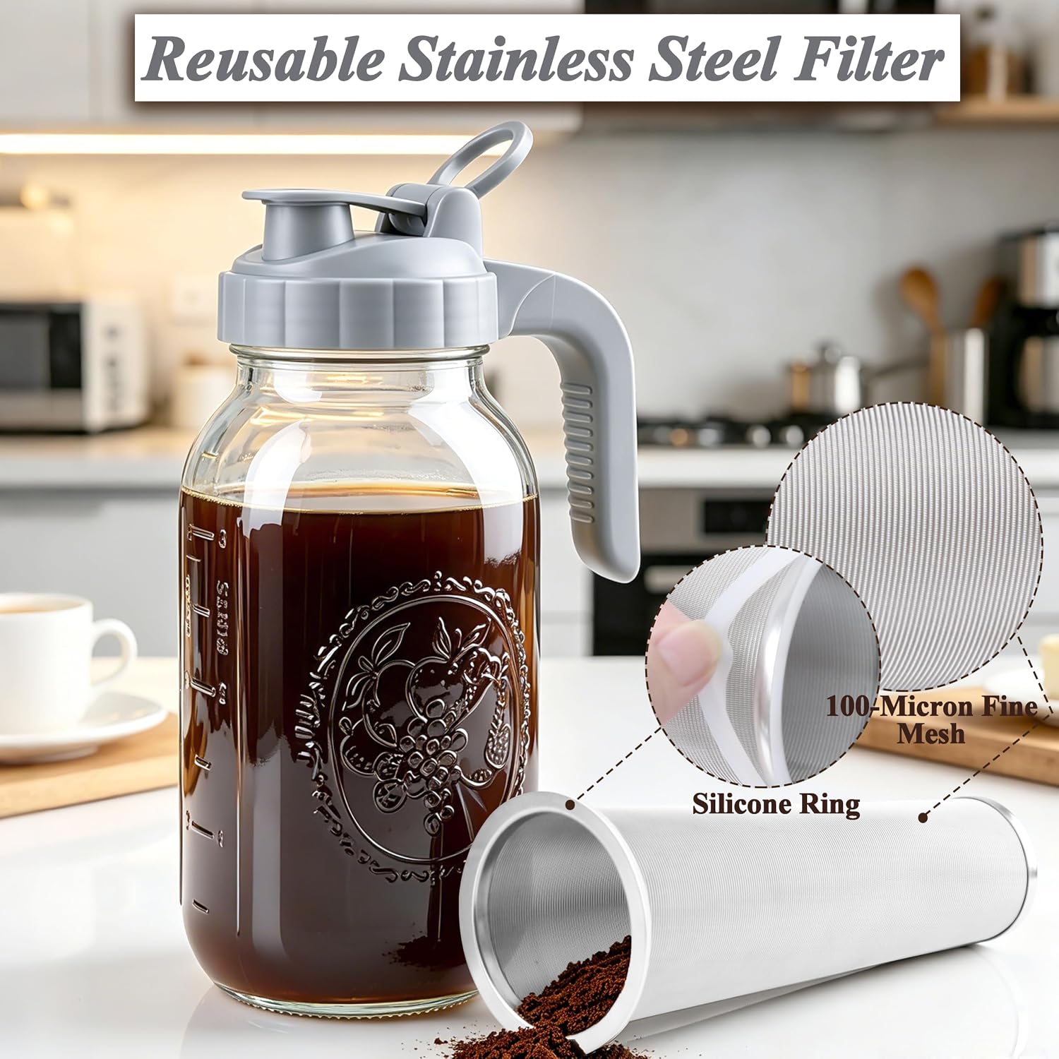 Cold Brew Coffee Maker 64oz Glass Mason Jar Pitcher with Pour Spout Lid | Airtight & Leak-Proof Glass Iced Coffee