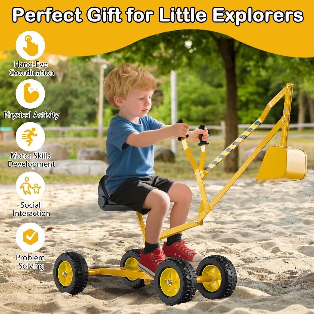 Kids Ride On Digger, 360° Seat Rotatable Excavator Crane Toy for Sand, Dirt, Snow, Heavy Duty Steel Beach Sandbox Sit