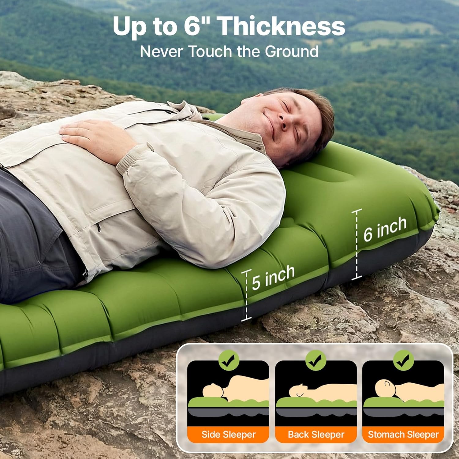 Sleeping Pad, Ultralight Inflating Camping Pad with 6" Extra-Thick | Camping Mattress With Pillows & Built-in Foot
