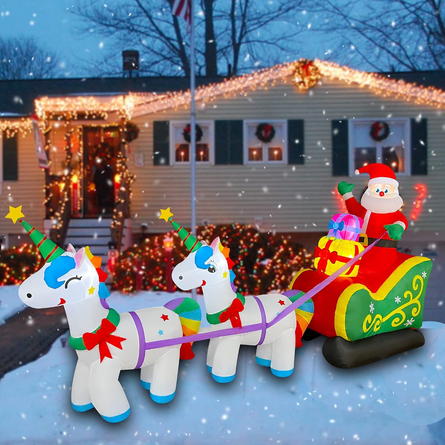 9 Ft Christmas Inflatable Santa Claus on Sleigh with 2 Unicorn Decoration LED Lighted Xmas Blow up for Yard Lawn
