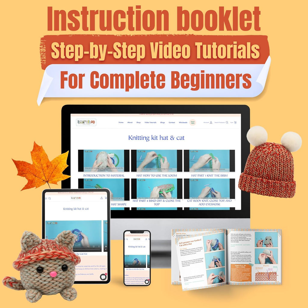 Knitting Kit for Kids – Beginner Knitting Kit to Make a Hat & Cat – Quick Knit Loom Kit with Yarn, Tools & Instructions