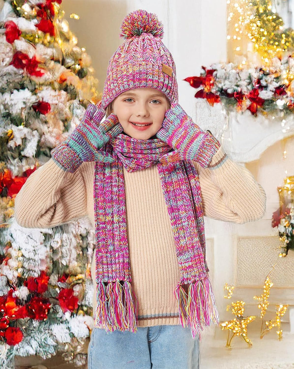 Kids Winter Hat Gloves Scarf Set, Valentines Gift for Girl Boy Toddler w/Fleece Lined Pom Beanie Warmer Scarf Mittens