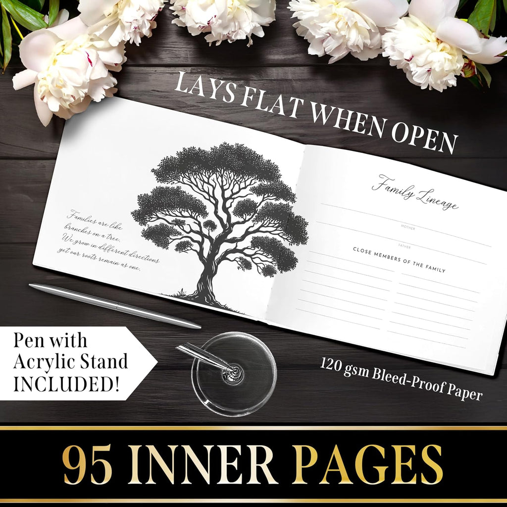Elegant Black Floral Funeral Guest Book,"Celebration of Life" Gold Stamped Cover with Photo Slot,Includes Silver Pen
