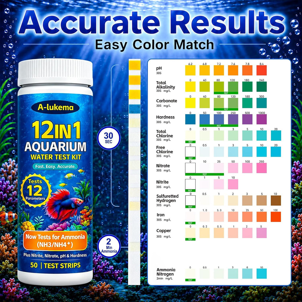 12-in-1 Aquarium Test Strips for Ammonia, 50ct Fish Tank Water Testing Kit