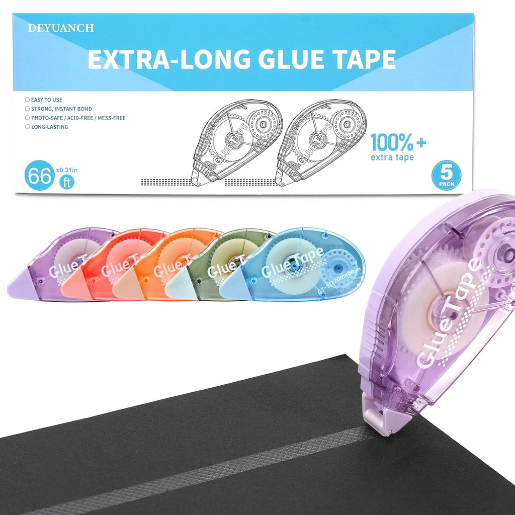 65.62 ft Extra-Long Glue Tape, 0.31 in Wide Scrapbook Tape, 5-Pack, Photo-Safe Acid-Free Double Sided Tape for