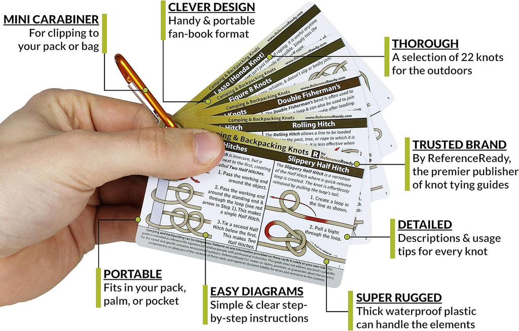 Outdoor Knot Cards: 22 Knots – Camping, Backpacking, Scouts | Waterproof pocket guide with mini carabiner for