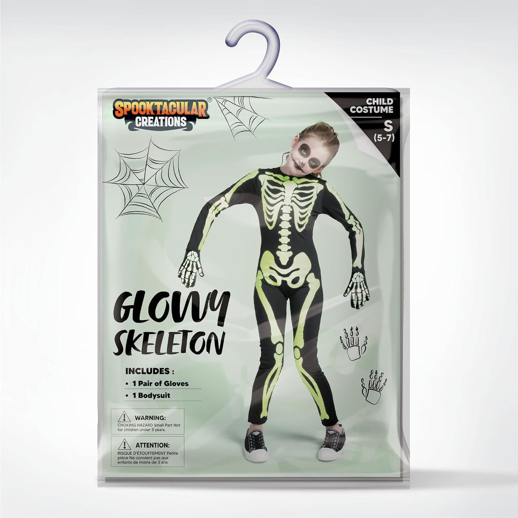 Halloween Kids Skeleton Costume, Unisex Glow in the Dark Skeleton Jumpsuit with Gloves for Boys, Girls