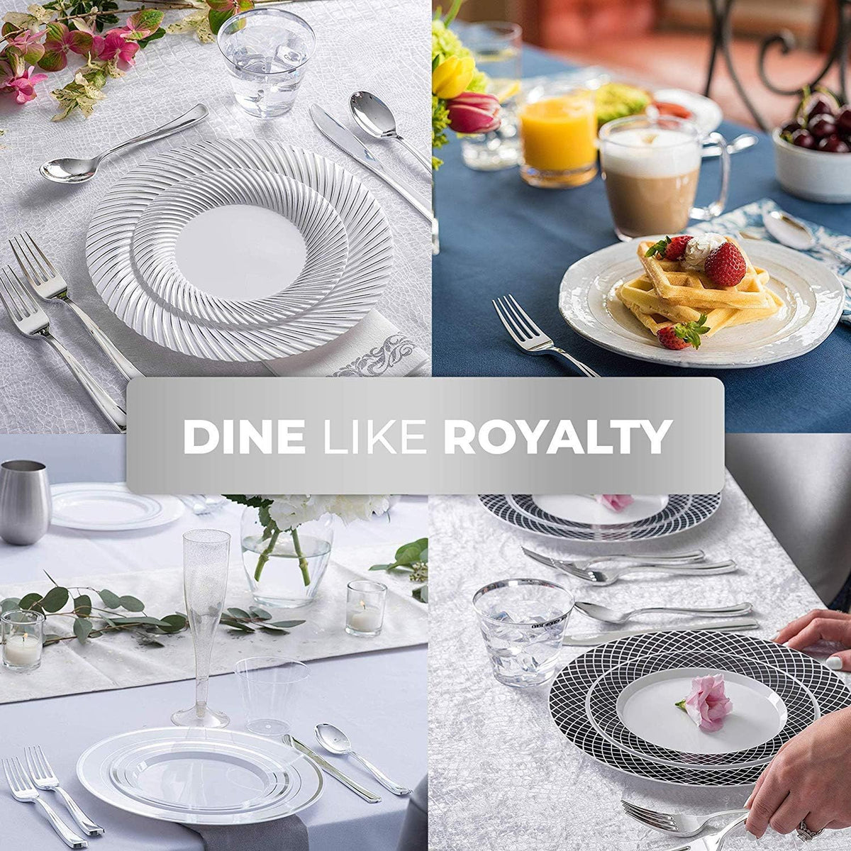 125-Piece White and Silver Fancy Plastic Plates Disposable with Silverware, Elegant Dinnerware for Weddings, Holiday