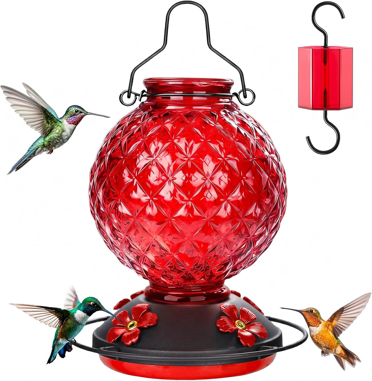 25 OZ Glass Hummingbird Feeder for Outdoors, Leak Proof Hummingbird Feeder with Ant Moat, 4 Bee Resistant Feeding