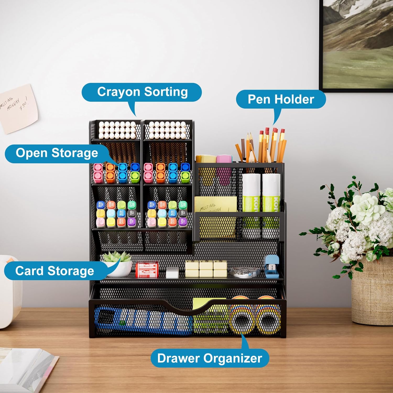 Mesh Pen Holder for Desk, Multi-Functional Pencil Organizer with Drawer, Desk Organizers and Accessories for Office