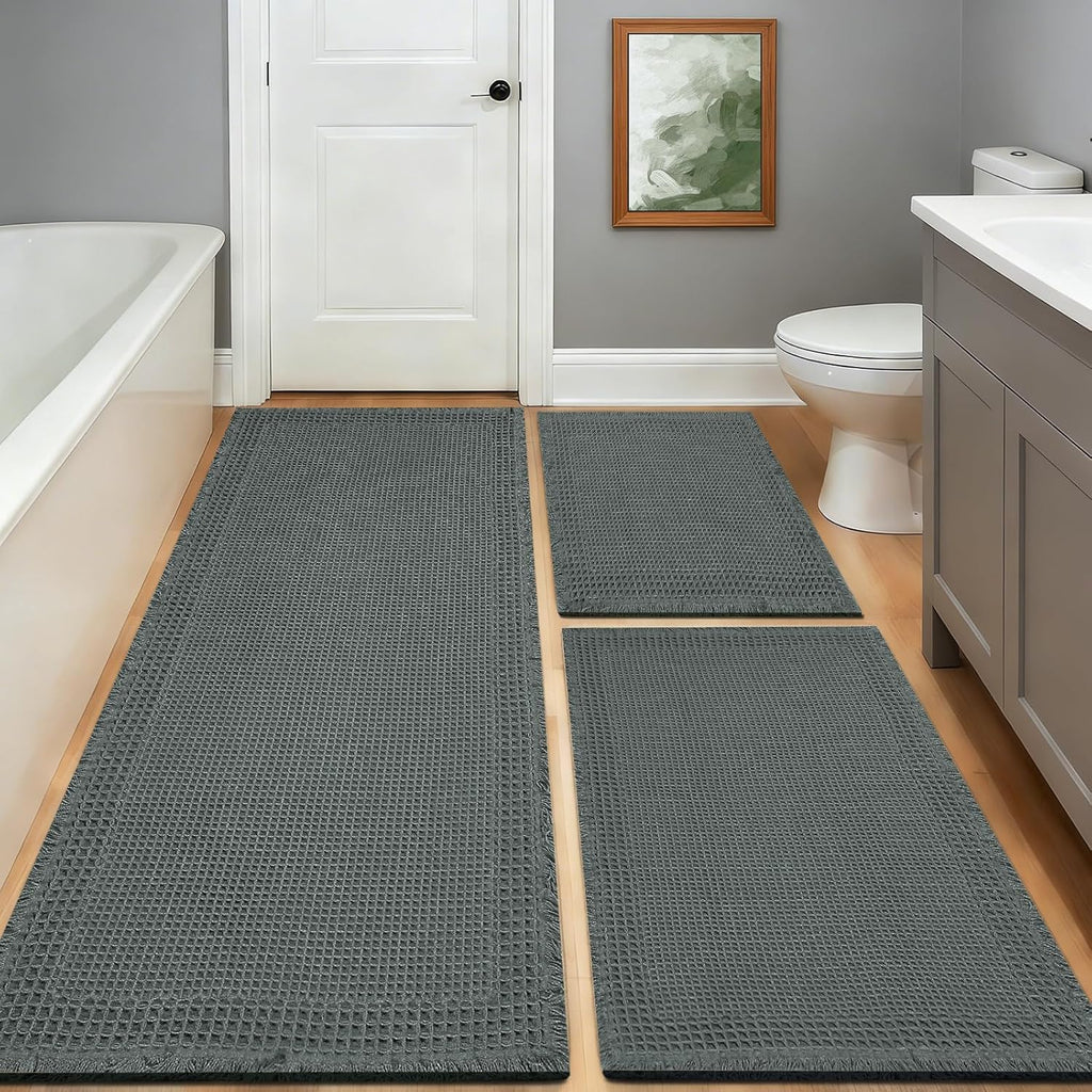 Waffle Bath Mat Set of 3 Non Slip Bathroom Rugs Bath Rug Runner Washable Bath Rugs Knit Bath Mats, Quick-Drying Floor
