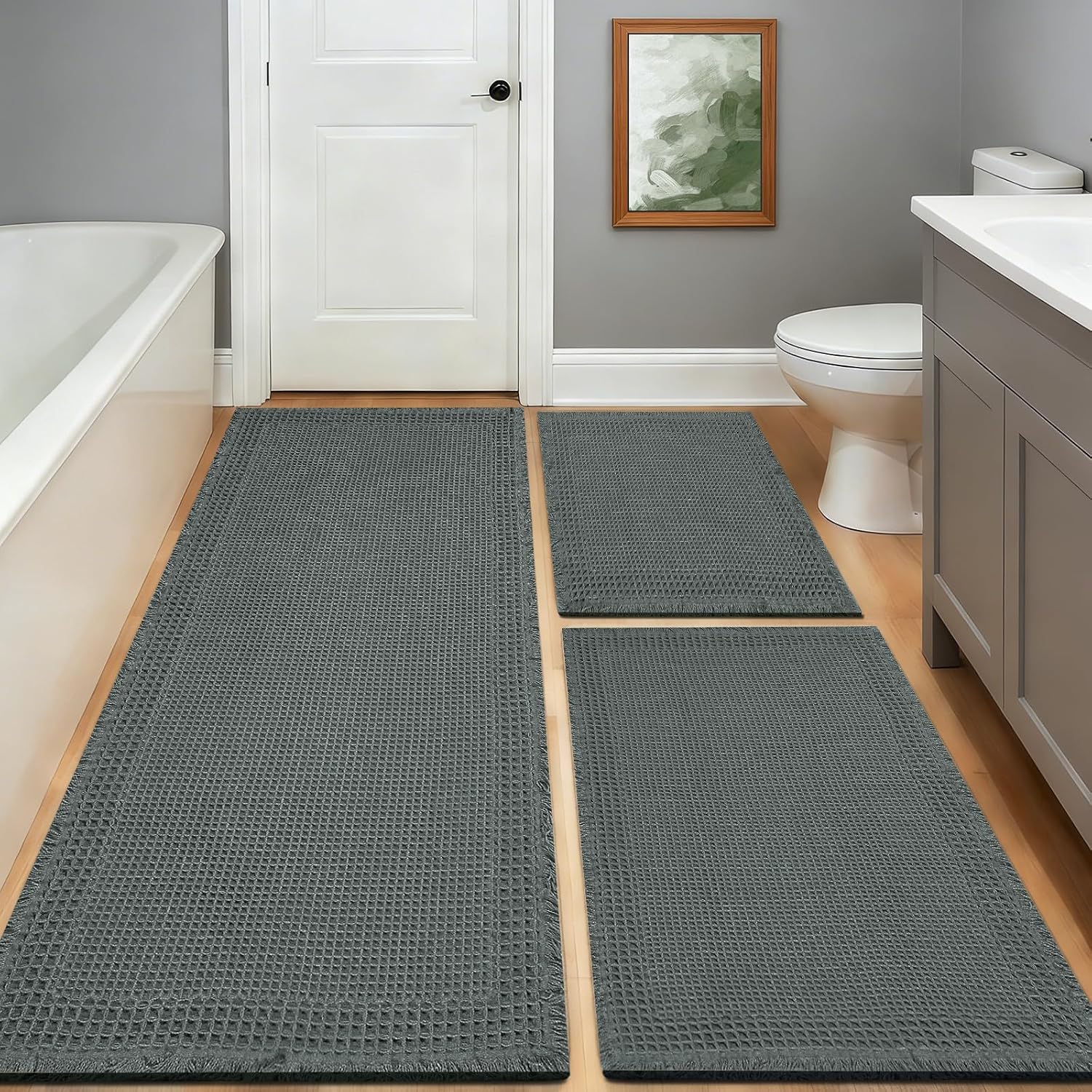 Waffle Bath Mat Set of 3 Non Slip Bathroom Rugs Bath Rug Runner Washable Bath Rugs Knit Bath Mats, Quick-Drying Floor