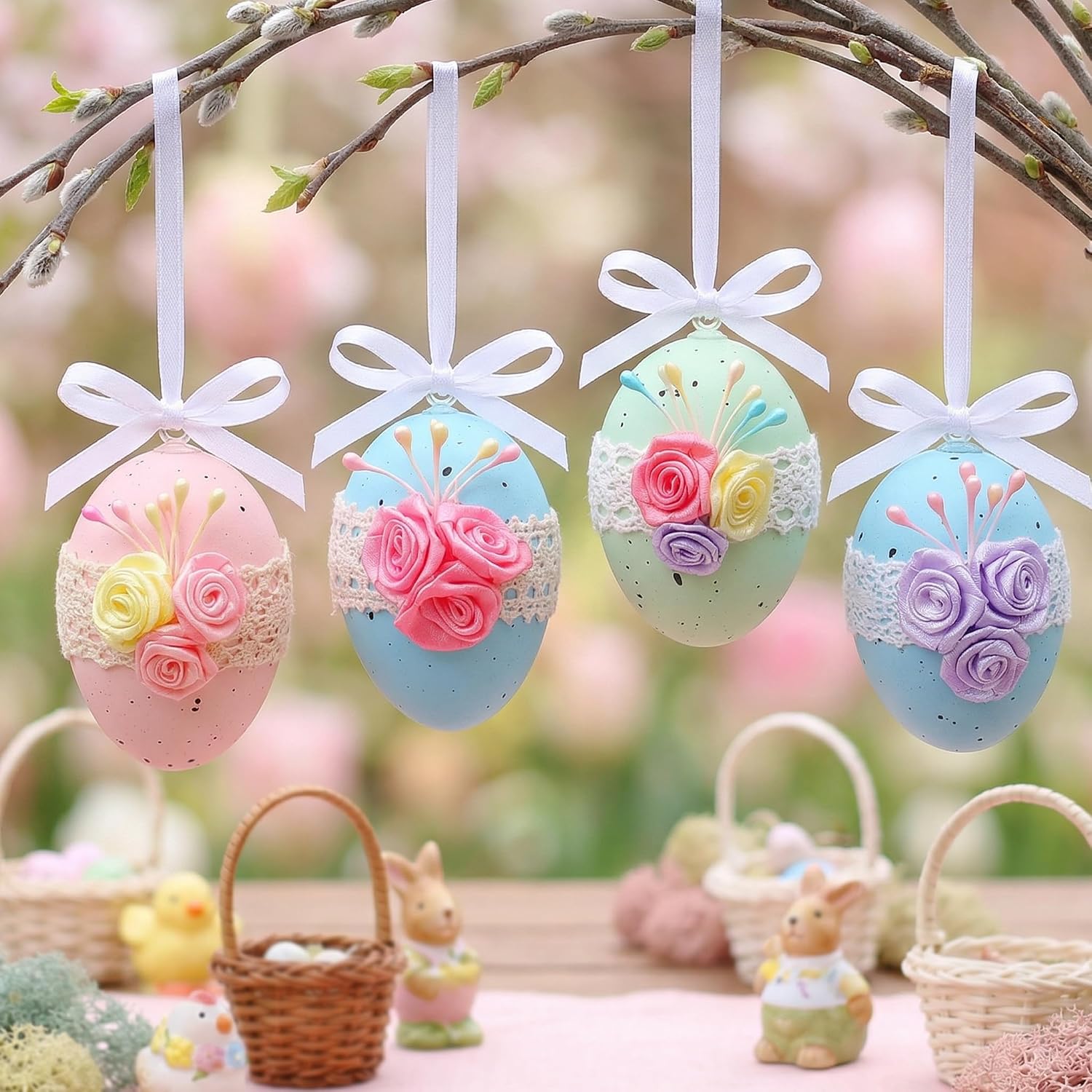 16 Pcs Easter Tree Ornaments Pastel Easter Egg Hanging Ornaments Plastic Floral Speckled Eggs Bowl Vase Fillers