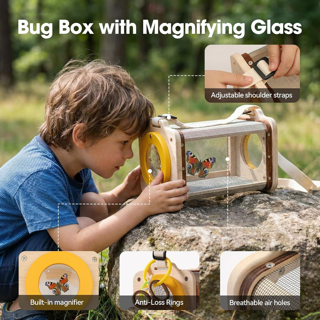 Wooden Bug Catcher Kit for Kids 3-8, 10PCS Durable Outdoor Explorer Kit with Magnifying Glass, Butterfly Net & STEM