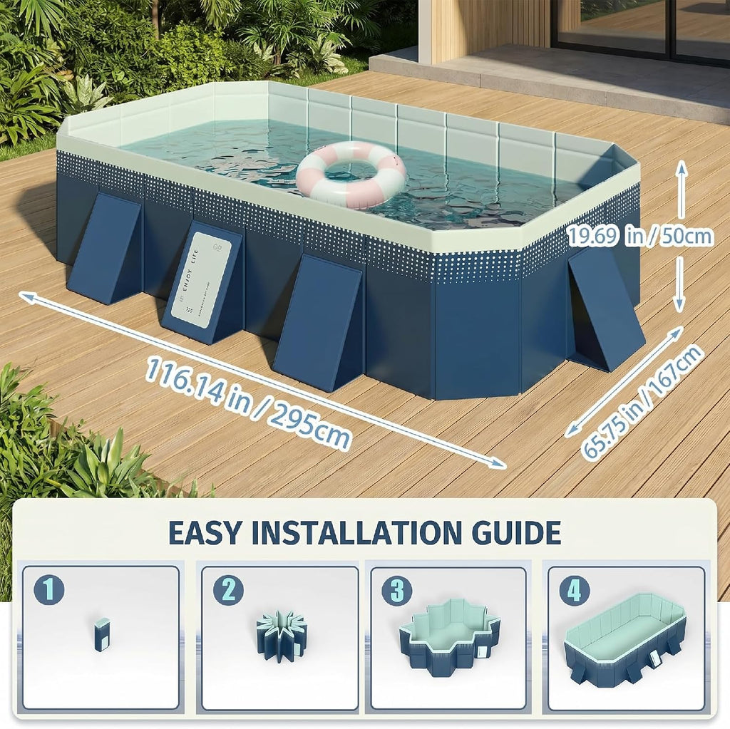 Foldable Swimming Pool, Rectangular Above Ground Swimming Pool for Outdoor Family Square Pool with Drain Plug and