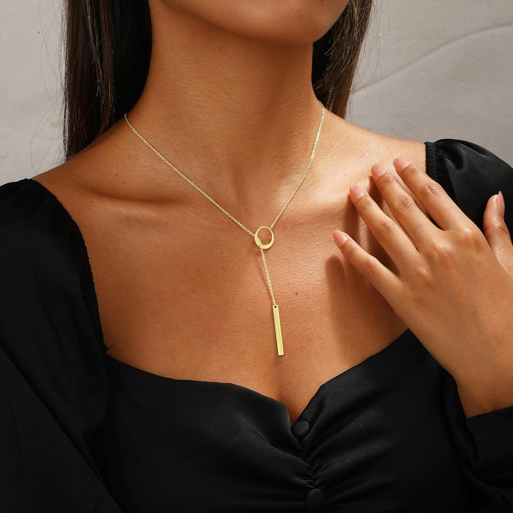 Long Gold Necklace for Women Trendy, Dainty Layered Lariat Necklace 14k Gold Plated Silver Y Shaped Beaded Chain Non