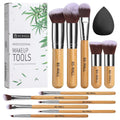 Makeup Brush Set 11 Pcs Makeup Sponge, Professional Bamboo Makeup Brushes for Foundation, Powder, Blush, Concealer