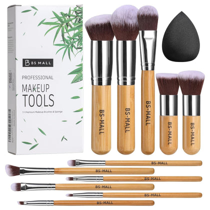 Makeup Brush Set 11 Pcs Makeup Sponge, Professional Bamboo Makeup Brushes for Foundation, Powder, Blush, Concealer