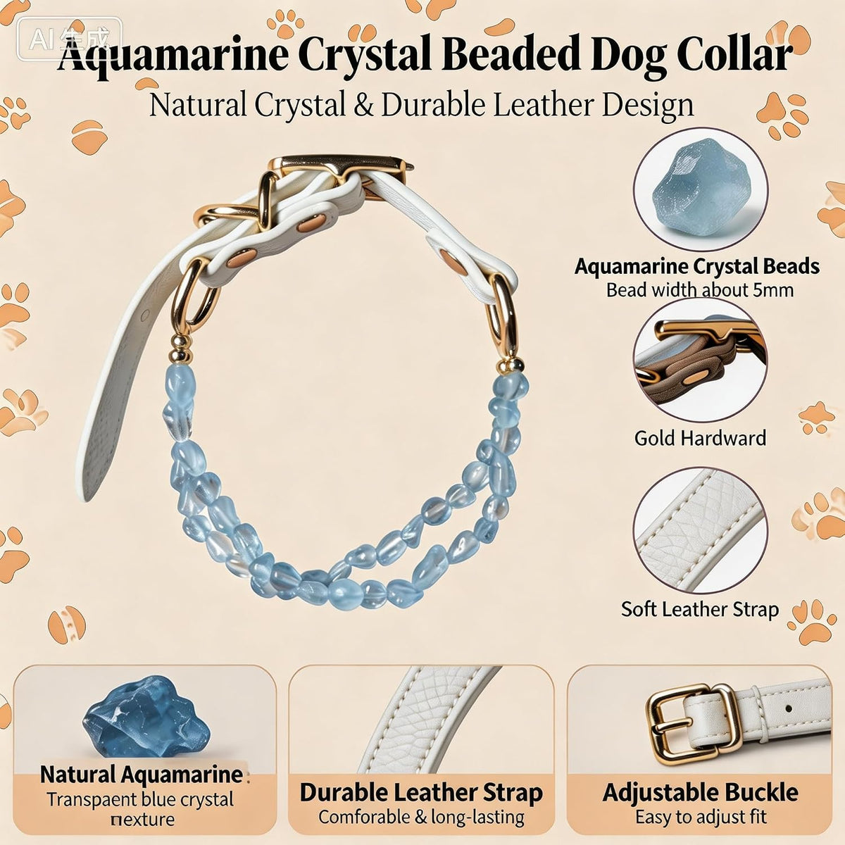 Aquamarine Beaded Decorative Pet Collar, 5mm Natural Light Blue Crystal Beads, Double-Layer Design, Soft PU Leather